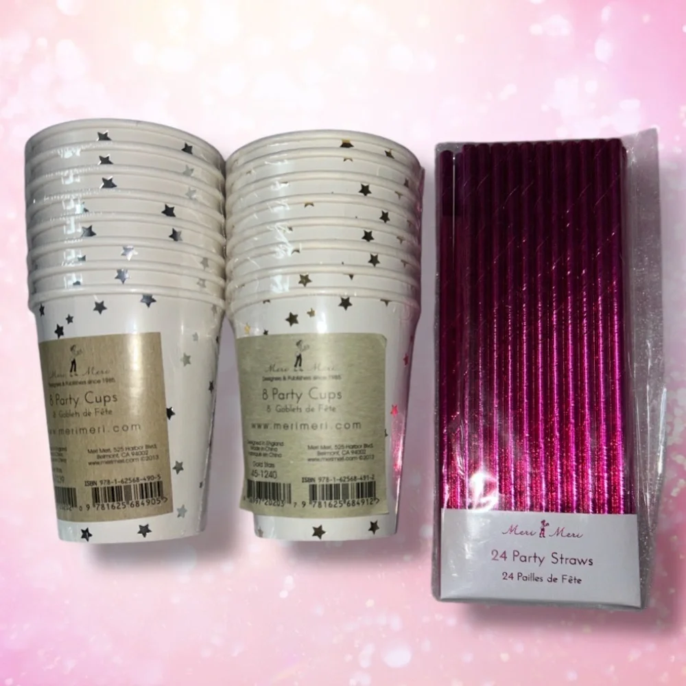 NWT Anthropologie Pink Silver & Gold Party Supplies Cups Straws Confetti foil